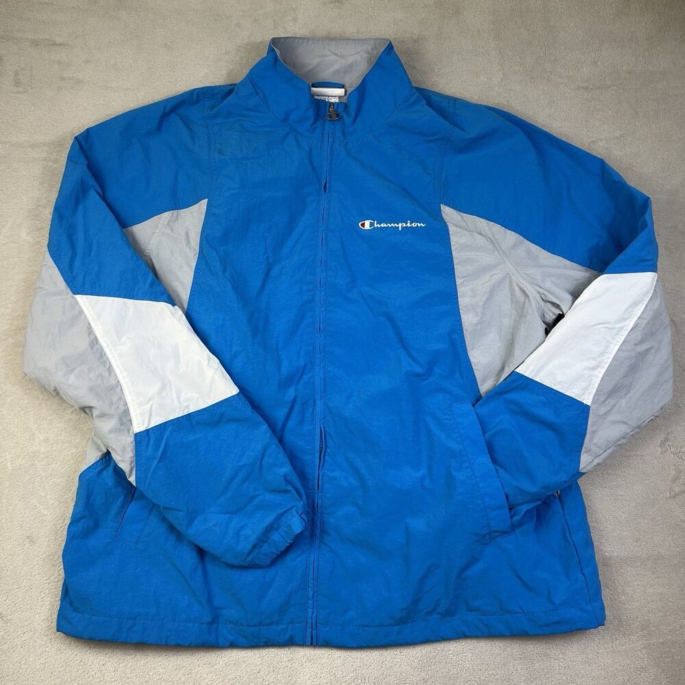 Champion Mens XL Windbreaker Jacket Blue Grey White Colorblock Full Zip V9799